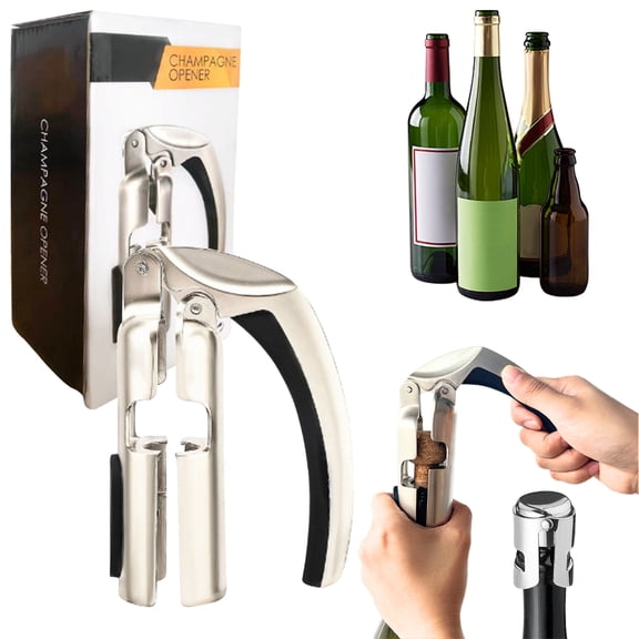 Champagne Bottle Opener & Stopper Set - Portable Alloy Cork Remover w/ Ergonomic Handle for Sparkling Wine, Beer & Soda