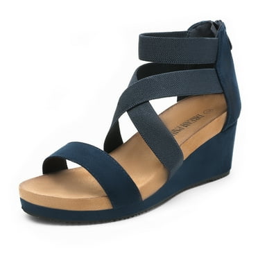 DREAM PAIRS Women's Open Toe Elastic Ankle Strap Platform Wedge Sandals NINI-3 NAVY size 8