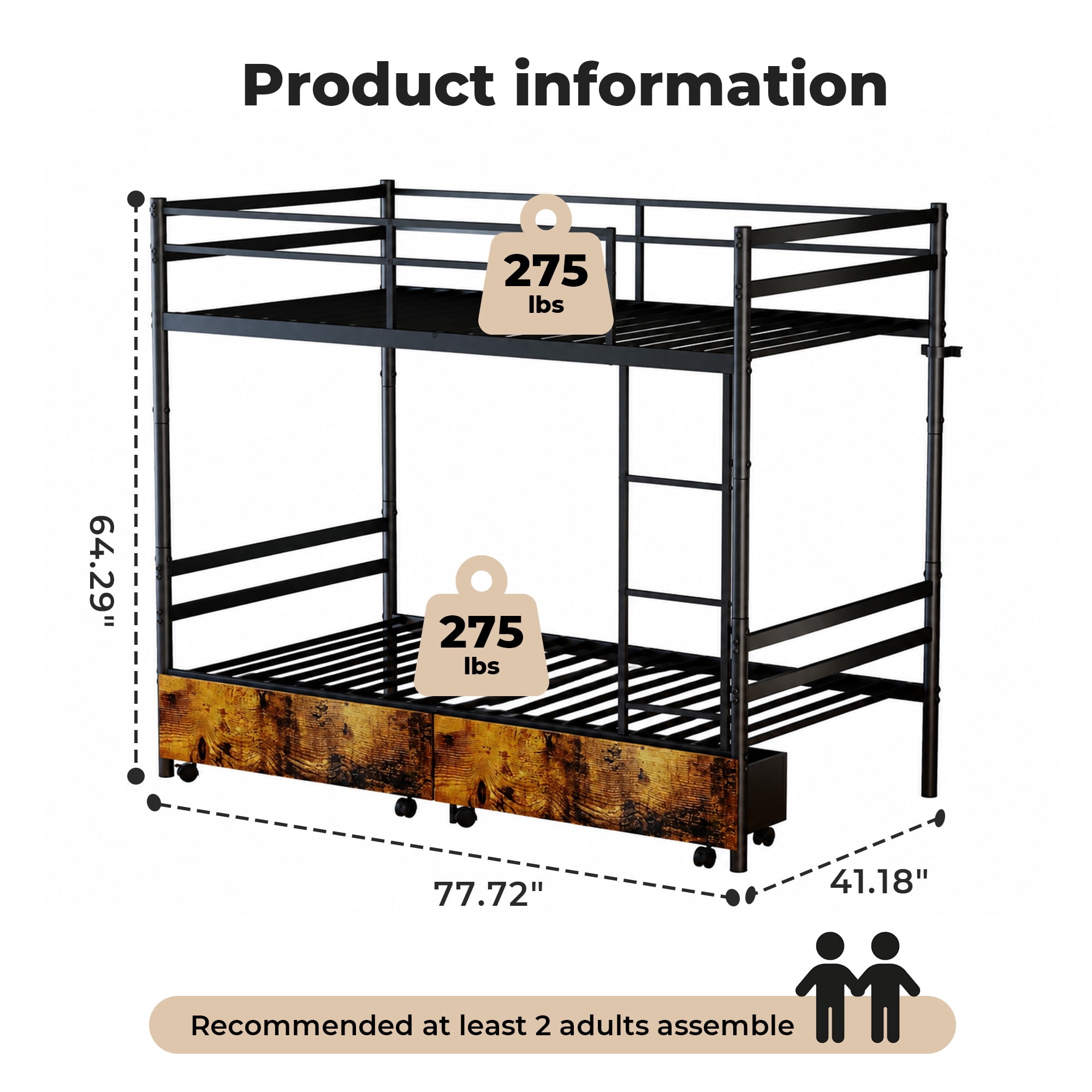 Alvantor Bunk Bed Twin over Twin for Kids, Metal Bunk Bed with Drawers, Converted Into 2 Twin Bed Black