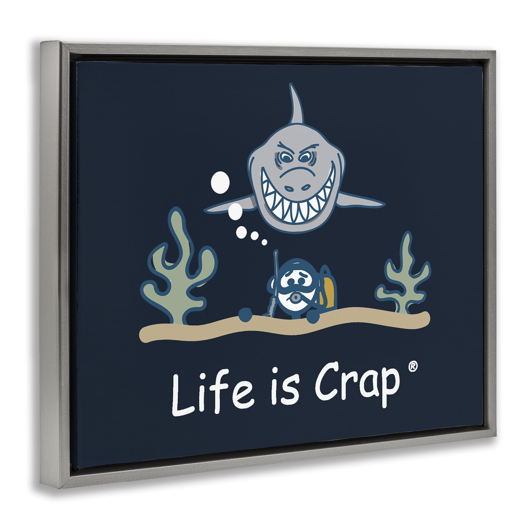 Stupell Industries Scary Scuba Shark Novelty & Humor Painting Gray Floater Framed Canvas Art Print Wall Art, 31 x 25