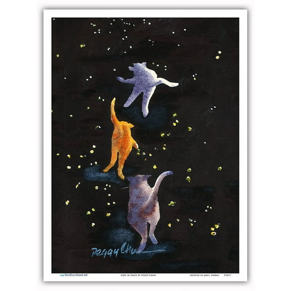 Cats in Space - Hawaiian Cats (Popoki) - From an Original Hawaii Watercolor Painting by Peggy Chun - Master Art Print (Unframed) 9in x 12in