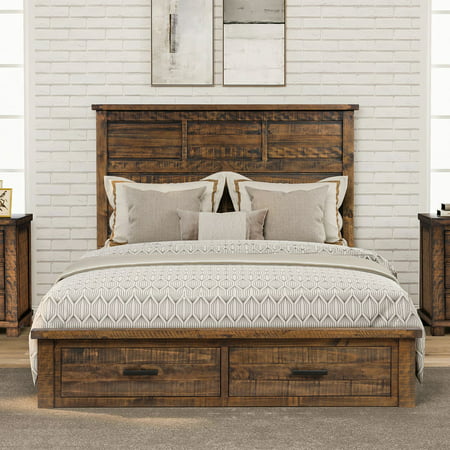 Rustic Reclaimed Pine Wood Queen Size Bed Frame with 2 Storage and High