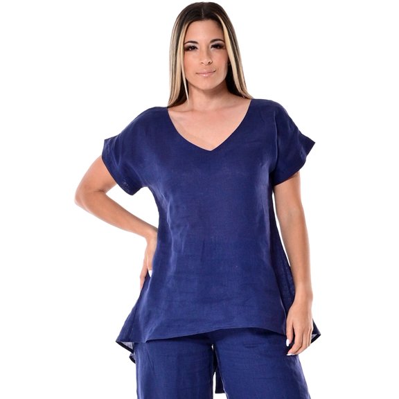 Azucar 100% Linen Ladies Short Sleeve V-Neck Hi-Low Blouse - LLB1382