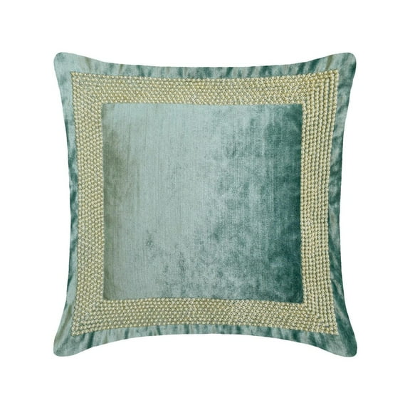 The HomeCentric Decorative Throw Pillow cover Teal 16"x16" (40x40 cm) Velvet Pearl, Zardozi Hand Embroidery Cushion cover For Sofa Chouch, Hotels, living, Bed Room, Border Modern - Velvet Pearlshine