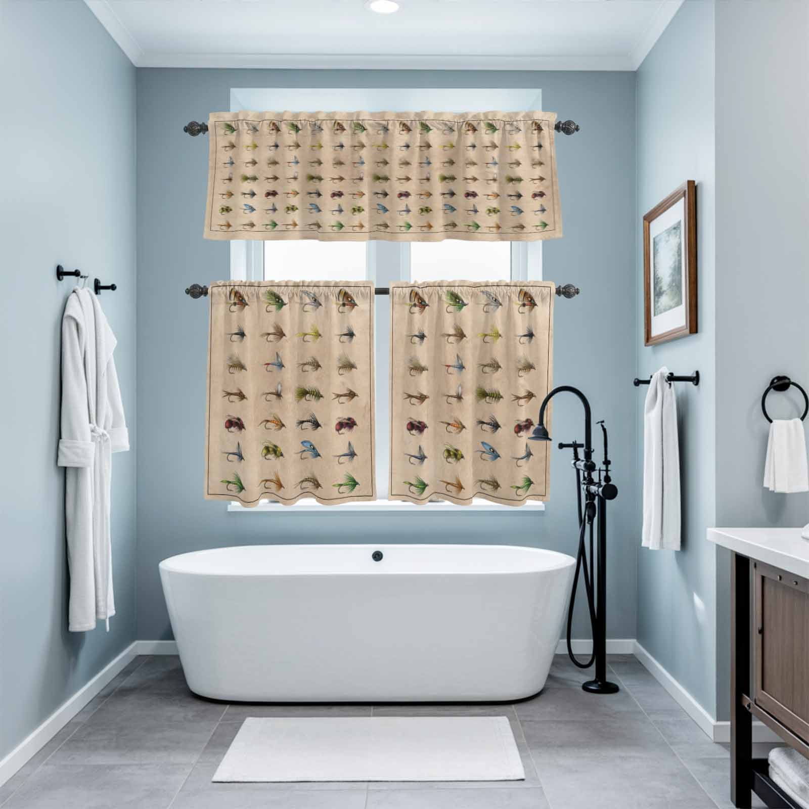 Fish Hook Curtain Valances Set Retro Colorful Fish Hook Biographies Linen Texture Kitchen Curtains 36&nbsp;inch Length Rod Pocket Valance and Tiers 3 Piece Set Small Bedroom Bathroom Laundry Decor