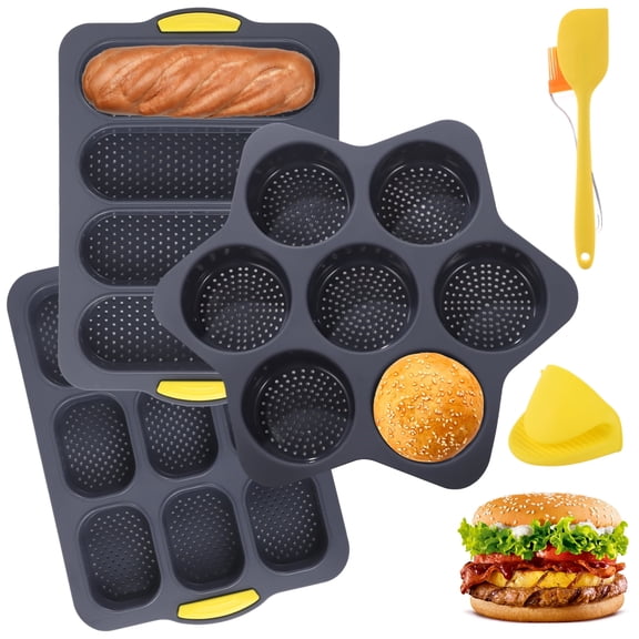 Set of 6 Hamburger Bun Molds, 4/7/9-Cup Silicone Burger Bun Pans with Brush, Spatula, and Grab Glove, Nonstick Perforated Baking Pans, Rectangular Loaf Molds, Dishwasher and Microwave Safe