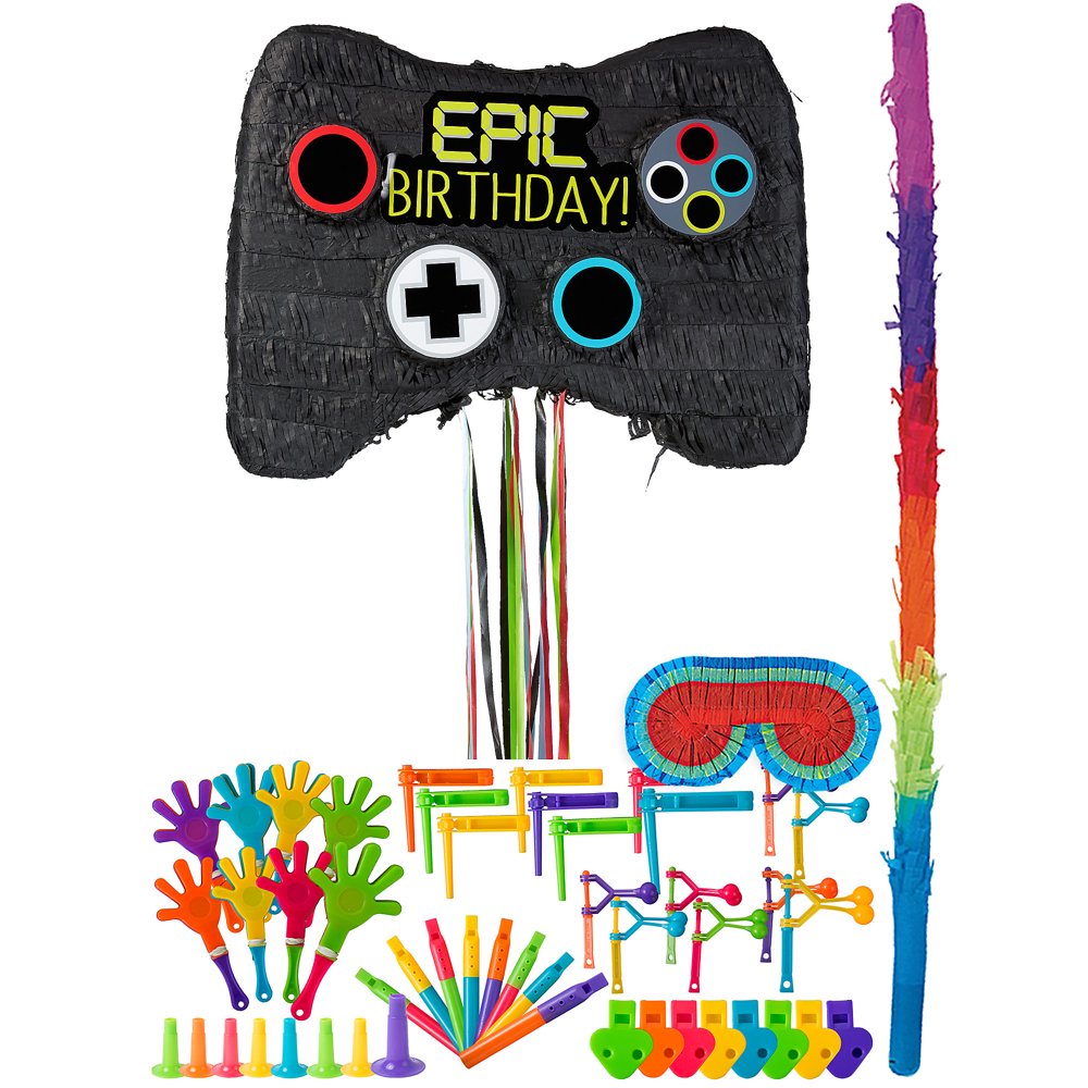 Video Game Controller Pinata Kit for Birthdays, with Bat, Blindfold and