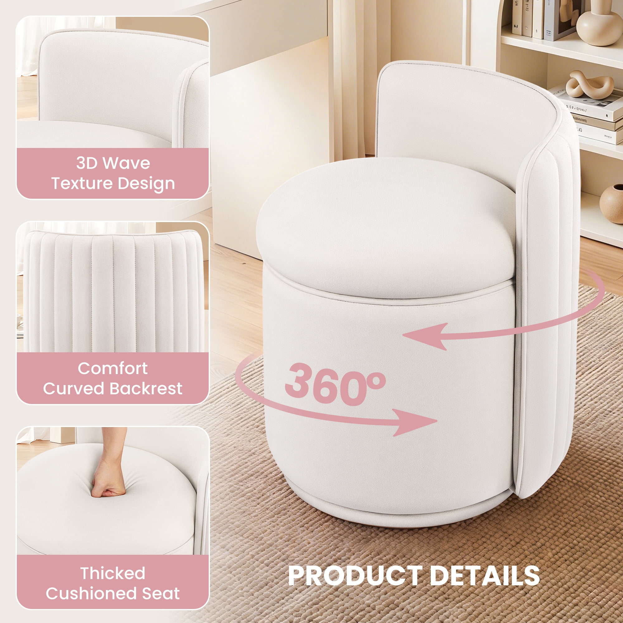 ATHOPE Vanity Chair with Storage, Velvet 360° Swivel Chair with Back, Modern Round Upholstered Bedroom Chair, Comfy Makeup Chair for Dressing, Living Room, No Assembly Required, Beige