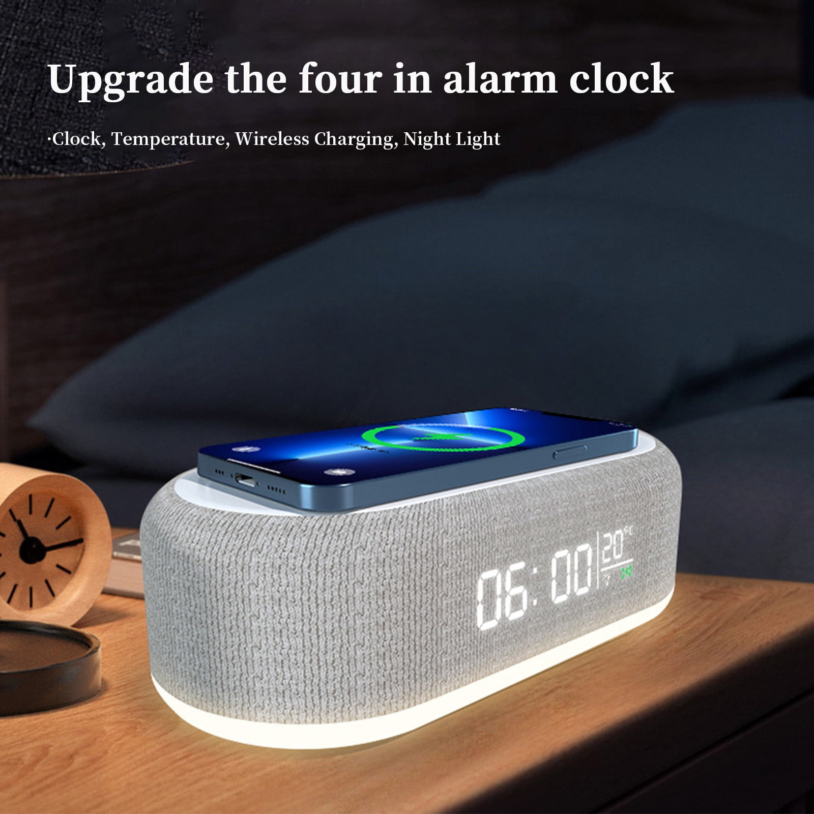 Wireless Fast Charge Alarm Clock, Digital Alarm Clock 4-in-1 Clock and Temperature Display, Alarm Setting, Three Gear Dimmable Night Light