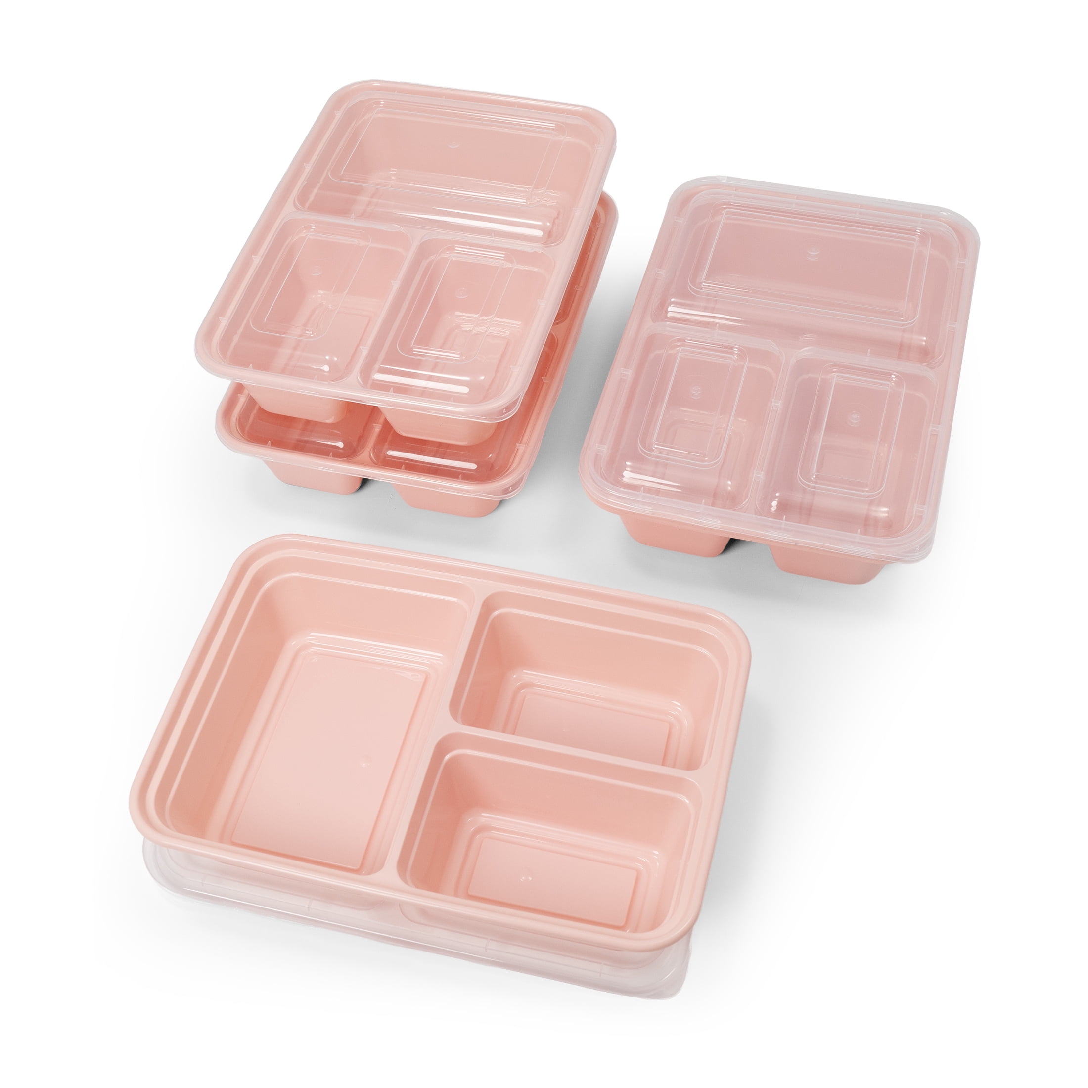Mainstays 5-Pack 3-Compartment BPA-Free Plastic Meal Prep Food Storage Containers, 1.2L, Pink Blush