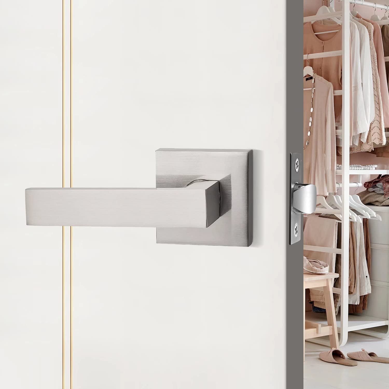 3 Pack Probrico Square Door Lever Door Lock Handle Lockset Keyless Doorknobs Passage Knobs Lockset Interior Hallway Passage Closet in Satin Nickel