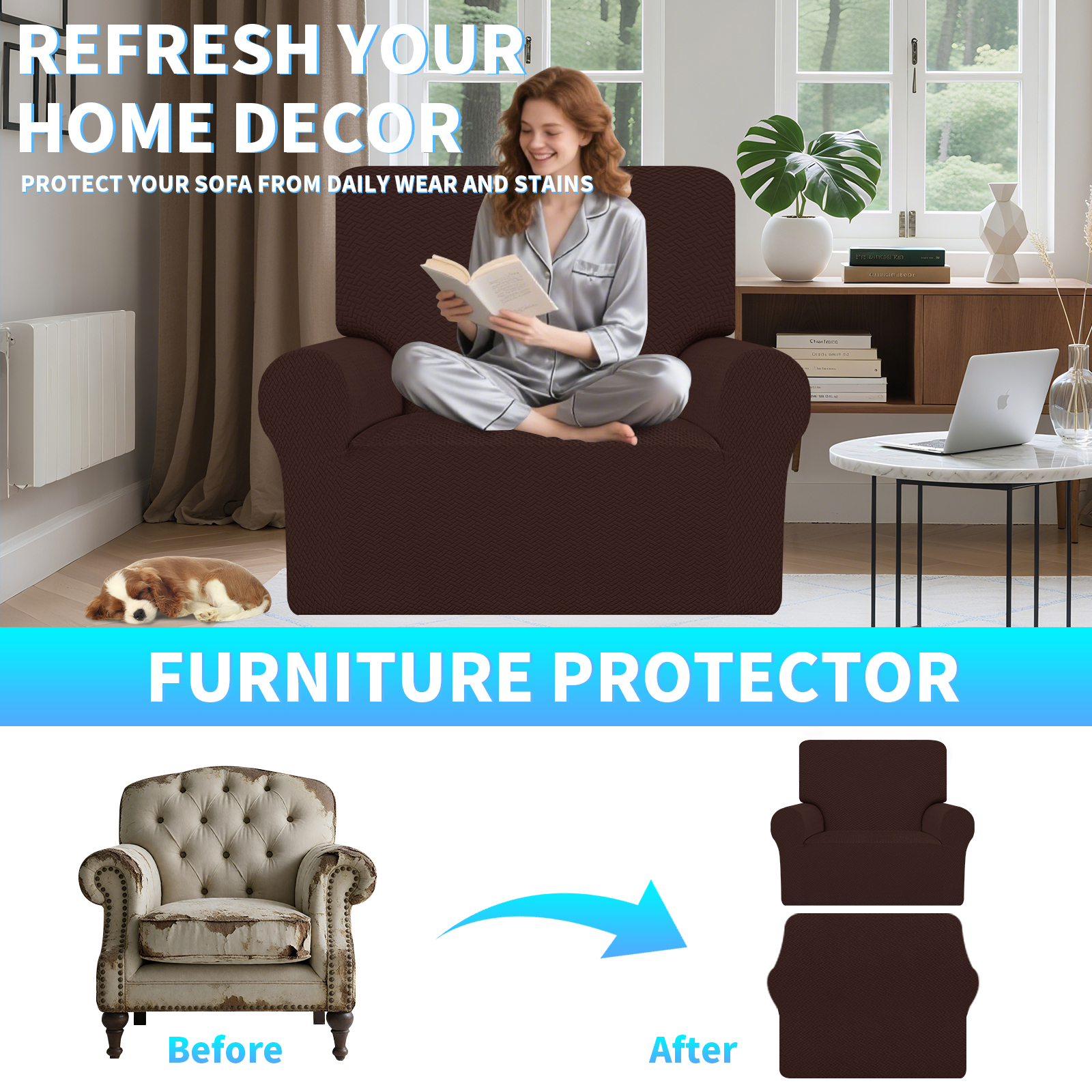 Debonair Stretch Jacquard Couch Cover with 1 Pillowcase, 1-Piece Soft Sofa Cover, Sofa Slipcover with Anti-Slip Foams, Washable Furniture Protector for Pets (Chair, Chocolate)