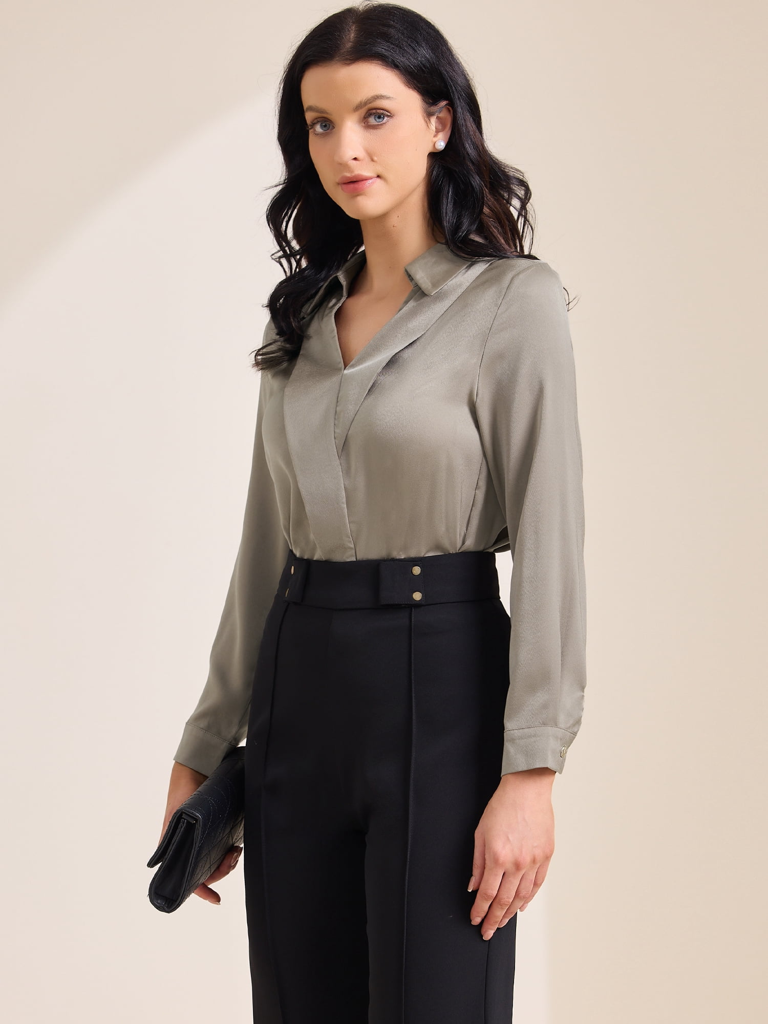 DARING DIVA Women's Satin Work Blouse Collar V Neck Long Sleeve Shirt S Dark Khaki