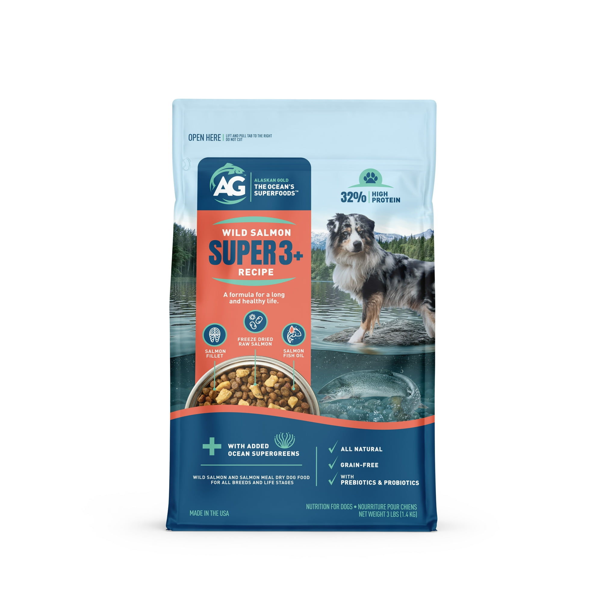 Alaskan Gold Wild Salmon SUPER3+ Dry Dog Food | High-Protein Blend with Freeze-Dried Raw Salmon & Salmon Oil | Grain-Free, All-Natural | Puppy & Adult | Allergy & Digestive Support | 3-lbs