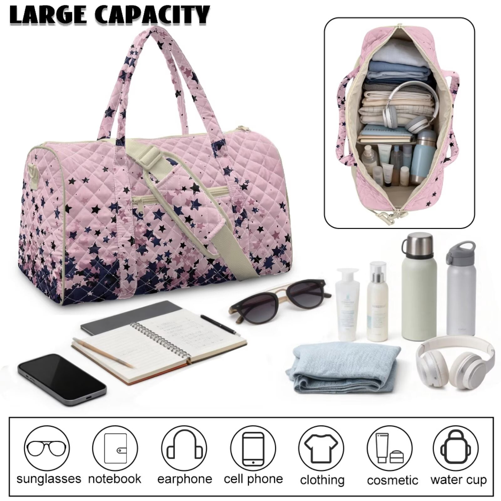 Chririnla Black Star on Pink Print Large Luggage Bag for Airplanes with Large Capacity & Separate Compartment, Travel Duffel Bags