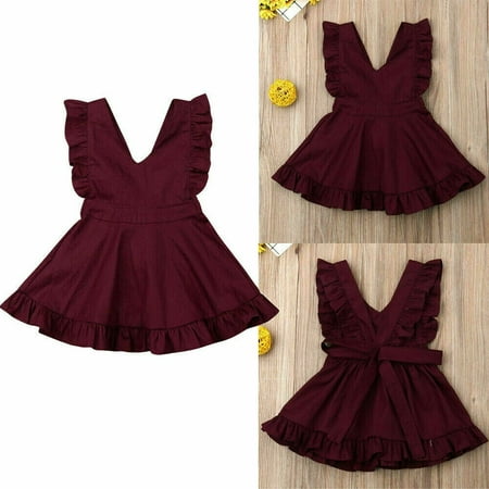 

Toddler Child Kids Baby Girls Summer Sleeveless V-Neck Princess Cute Mini A-Line Dress Solid Burgundy Clothes Costume Clothing