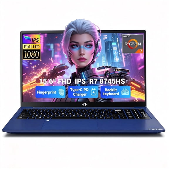 15.6" IPS FHD Gaming Laptop 32GB DDR5 RAM 1TB SSD AMD Ryzen 7 8745HS (8 Cores Up to 4.9GHz) Radeon 780M Graphics with 100W USB-C Backlit Keyboard Fingerprint USB4.0 Blue