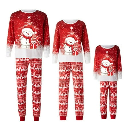 

Hotiary Casual Home Wear Snowman Print Long Sleeved Crew Neck Top and Christmas Tree Pattern Pants Family Pajamas Outfit