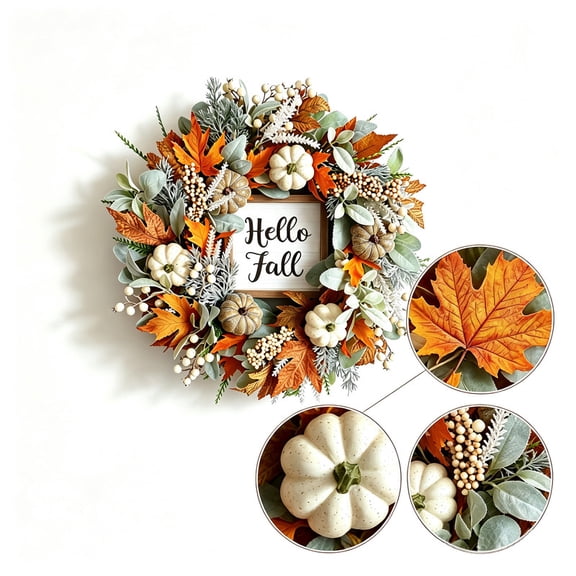 17 Inch Hello Fall Wreath for Front Door, Porch, Mantle Decorations, Thanksgiving Harvest Wreath Front Door Wreath with White Pumpkin Maple Leaf Berries Artificial Autumn Wreath