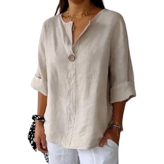 Linen Shirts for Women – 3/4 Sleeve Button Collared V Neck Tops, Summer Blouse