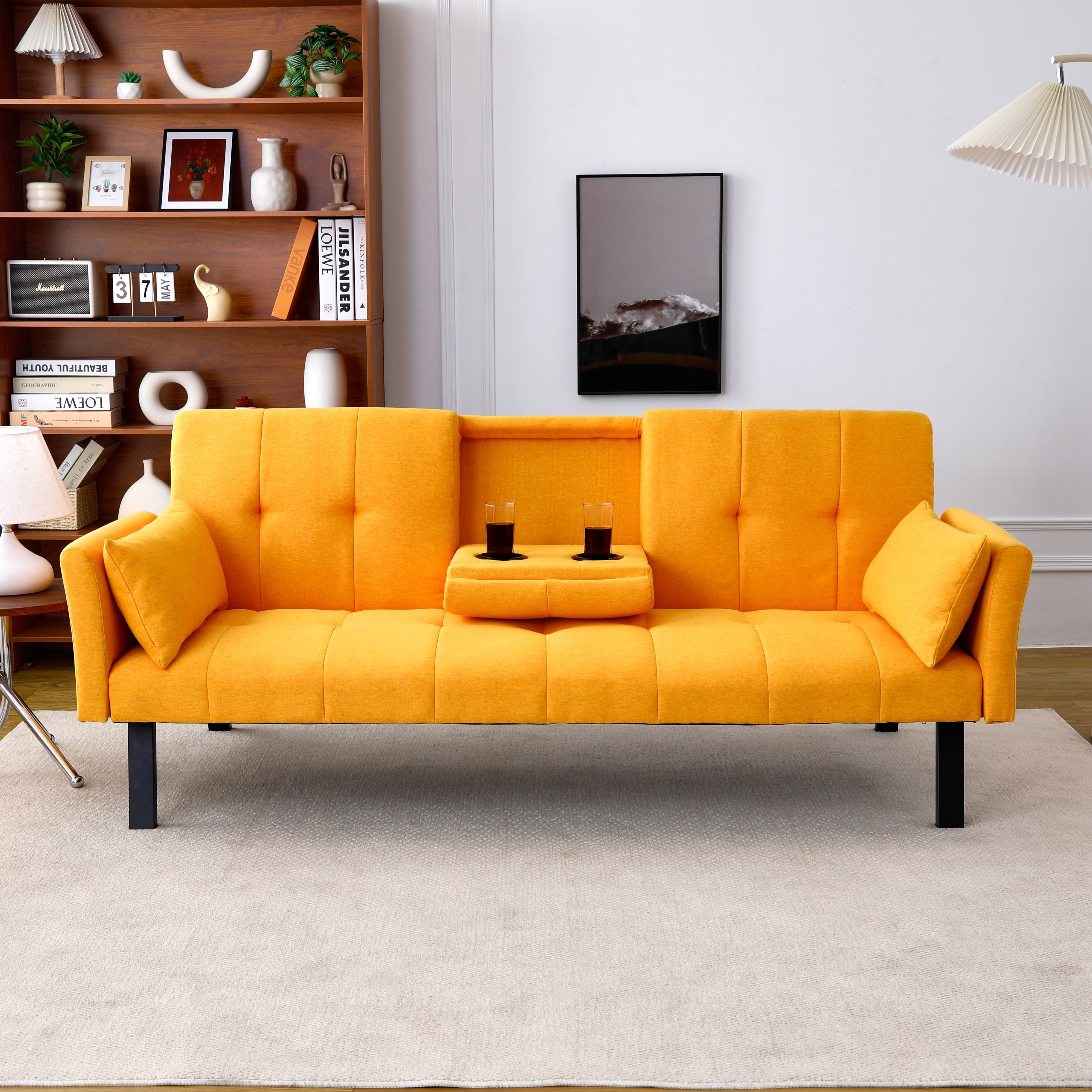 Euroco 70-inch multi-functional cotton and linen sofa bed: foldable + cup holder + side storage, instantly switch between living room and bedroom