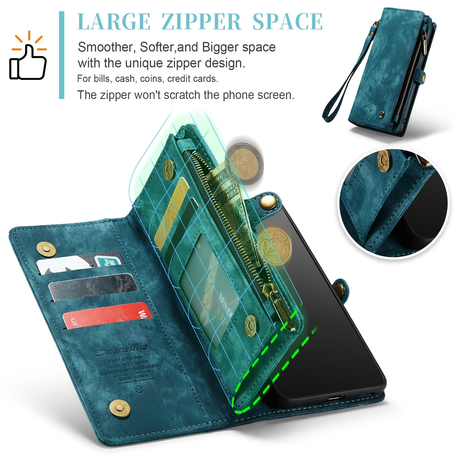 Feishell Durable 2-In-1 Magnetic Detachable Wallet Case for Samsung Galaxy S22 Plus,for Women Men,Premium PU Leather Zipper Pocket Flip Multi Card Slots Purse Phone Case with Wrist Strap,Green