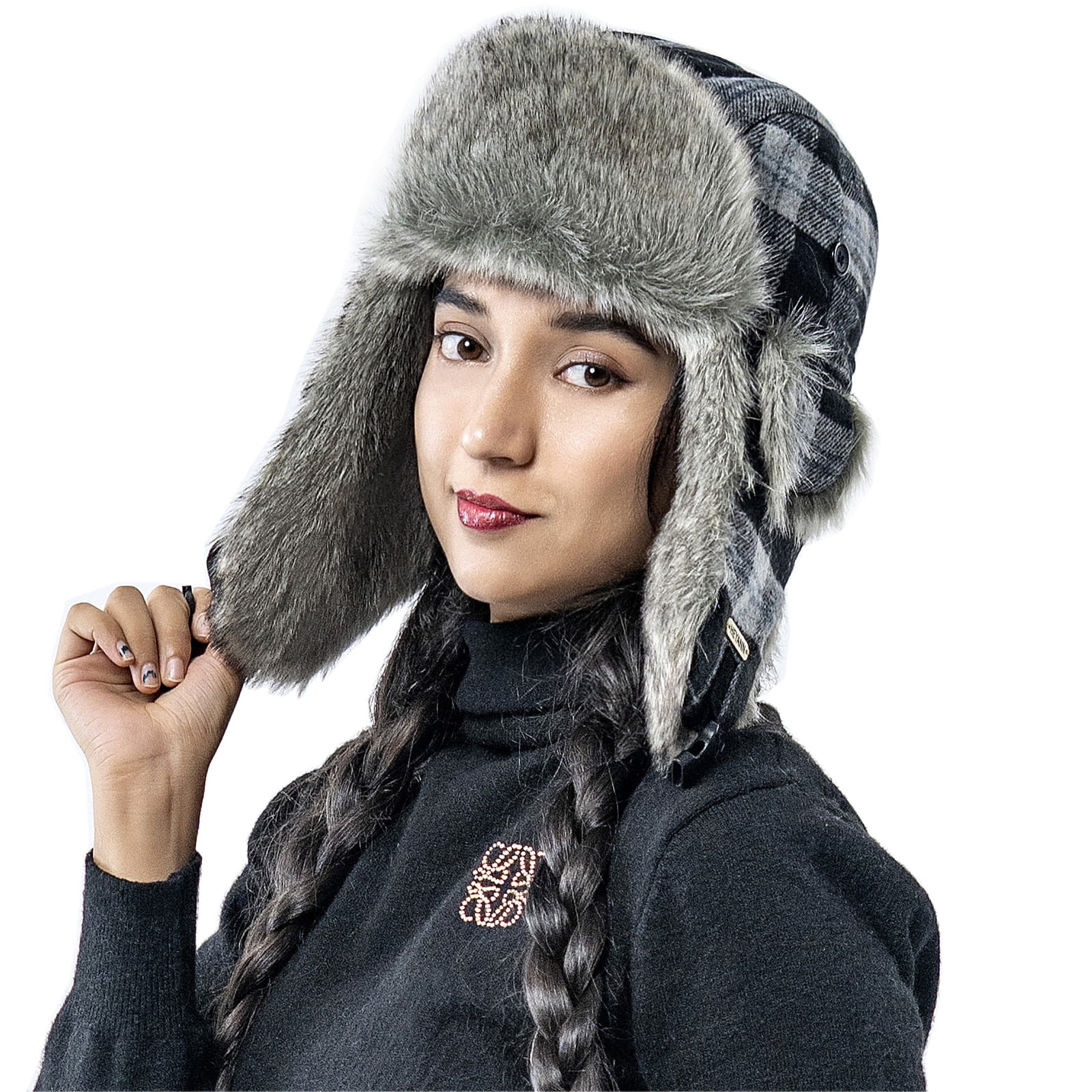 HEYANN Winter Trapper hat,Russian Ushanka Plaid Faux Fur Fuzzy for Men Women with Ear Flaps Eskimo Soviet Pilot Hat