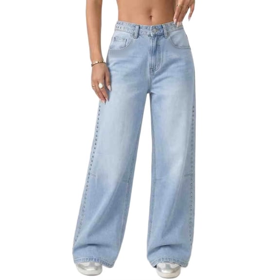 TEAJOPSUU Womens Summer Wide Leg Jeans Side Beaded High Waist Vintage Washed Denim Pants Light Blue