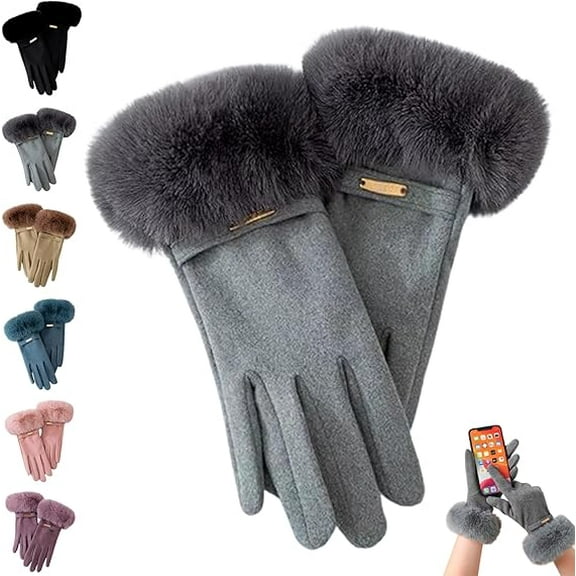 Chic Plush Cuff Winter Gloves, Womens Winter Warm Gloves Faux Fur Cuff Touch Screen Gloves for Outdoor Driving(Gray)