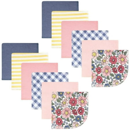 Hudson Baby Infant Girl Flannel Cotton Washcloths Pink Blue Pretty Floral 12 Pack One Size