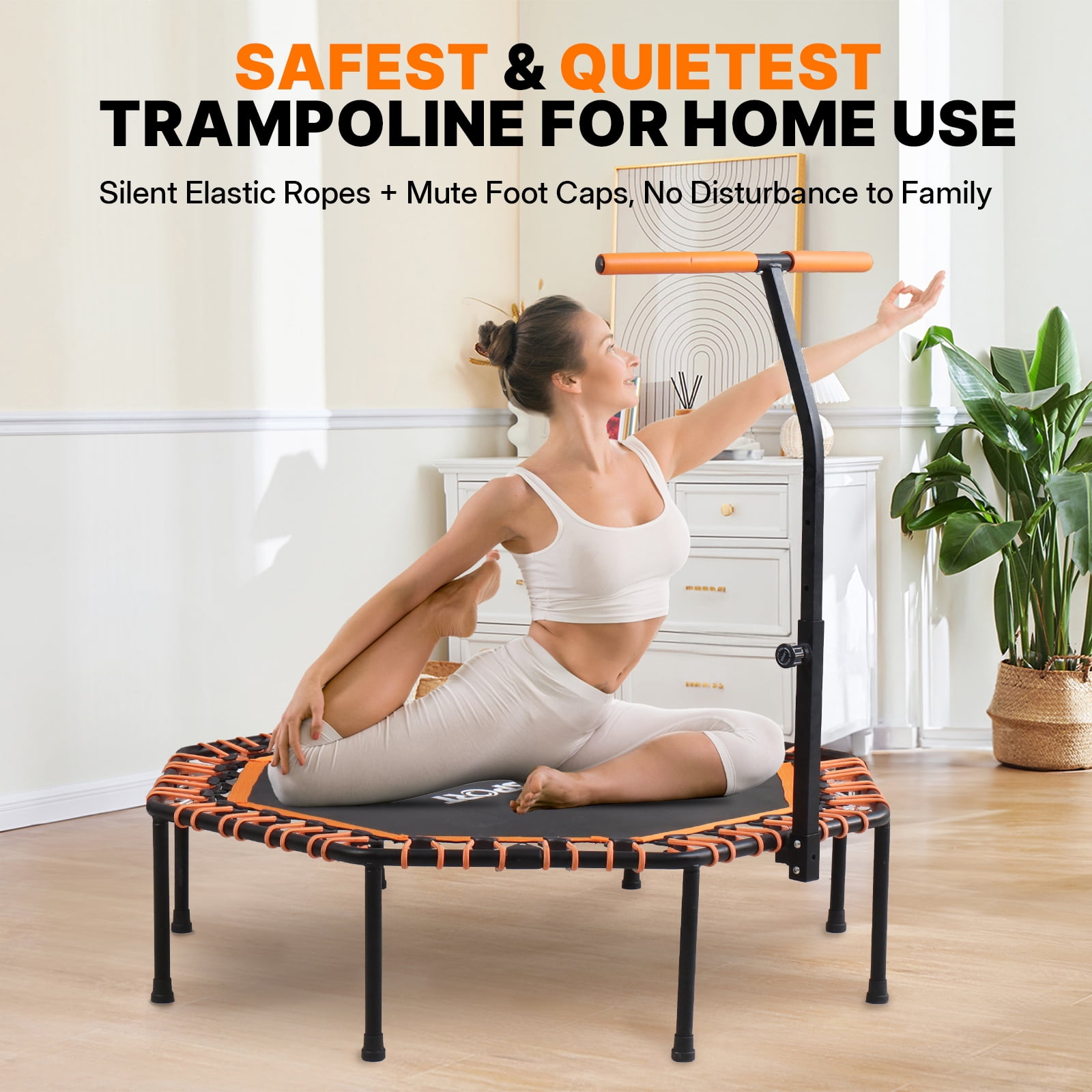 50 Inch Fitness Trampoline with T-Bar Handle – Quiet Adult Mini Trampoline with Silent Elastic Ropes, 10-Minute Fat Burning Cardio Workout at Home, Easy Assembly, Red/Black