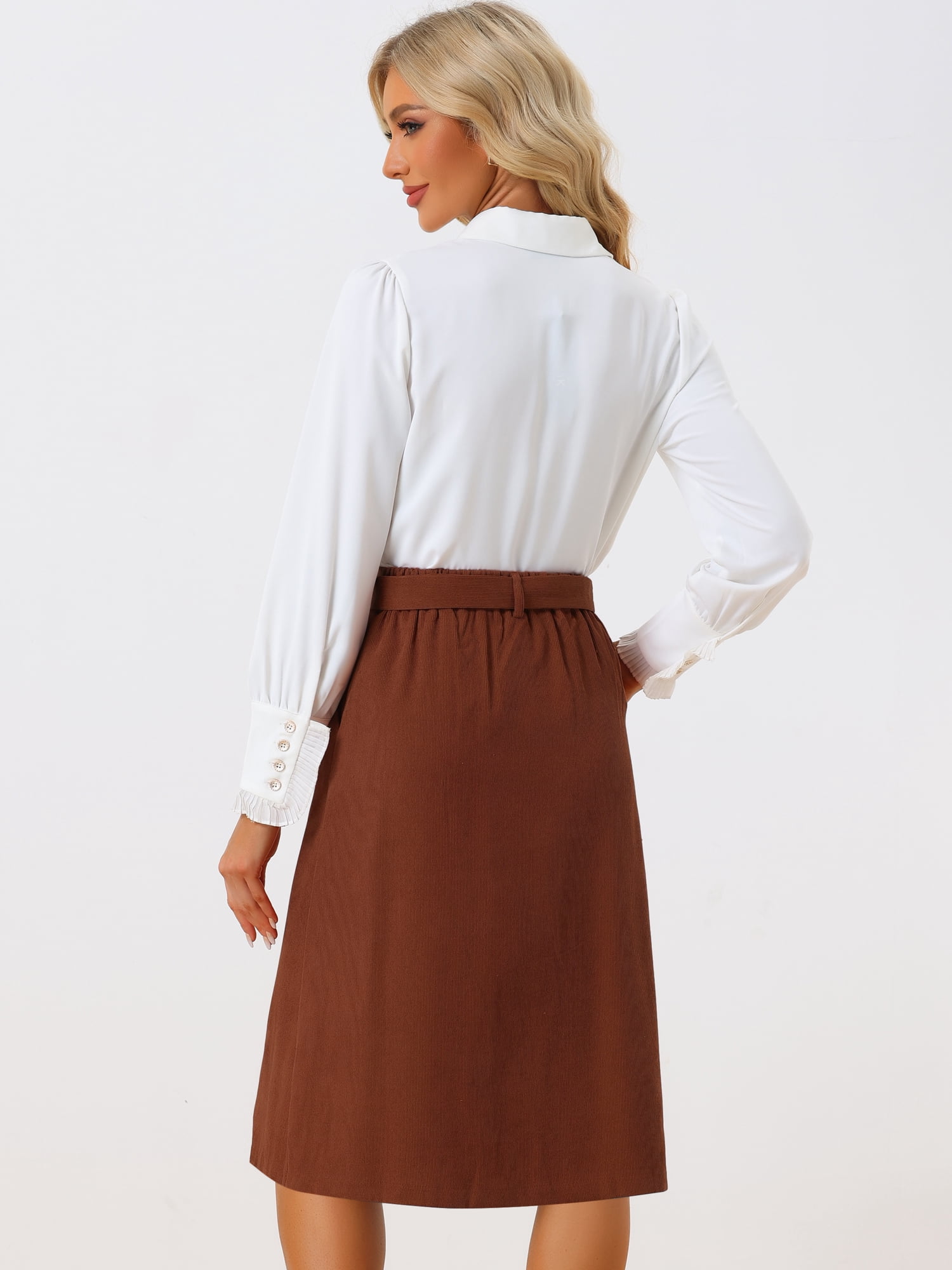 DARING DIVA Women's A-Line Belted Fall Midi Corduroy Skirt S Brown