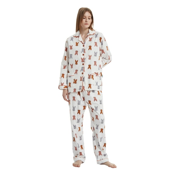 GLOBAL Women 100% Cotton Pajama Set Long Sleeve Pjs Button Down Comfy Nightwear