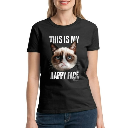 Grumpy Cat Happy Face Women's Black T-shirt NEW Sizes