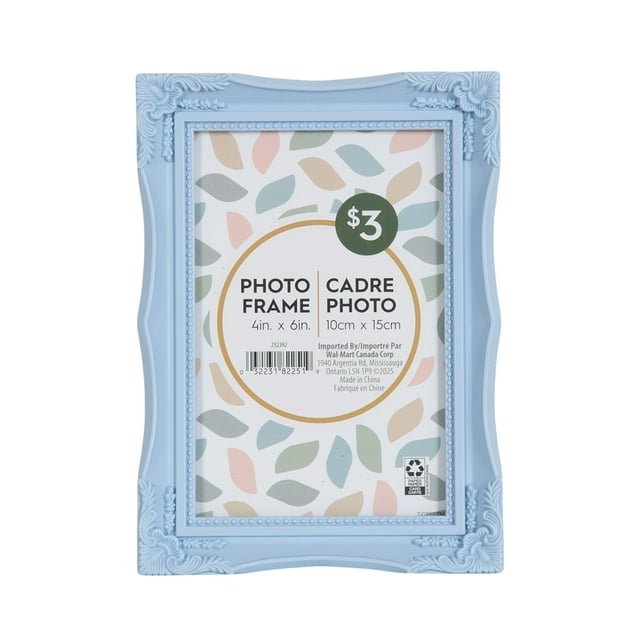 Pavella sky blue decorative tabletop picture frame with ornate floral corners, fits 4x6 inch photos.