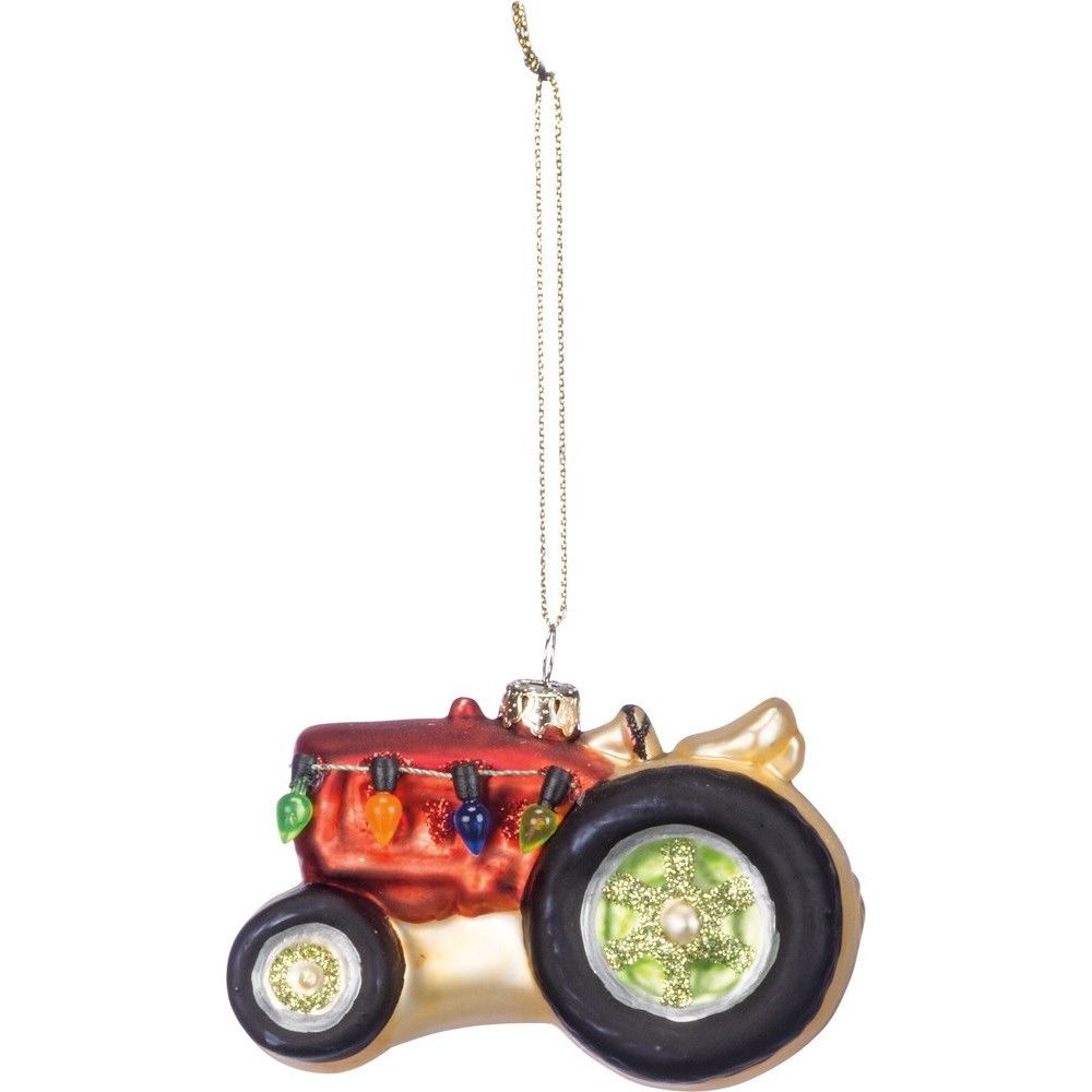 Glass RED TRACTOR with Lights Christmas Ornament 3.25" Long, Primitives