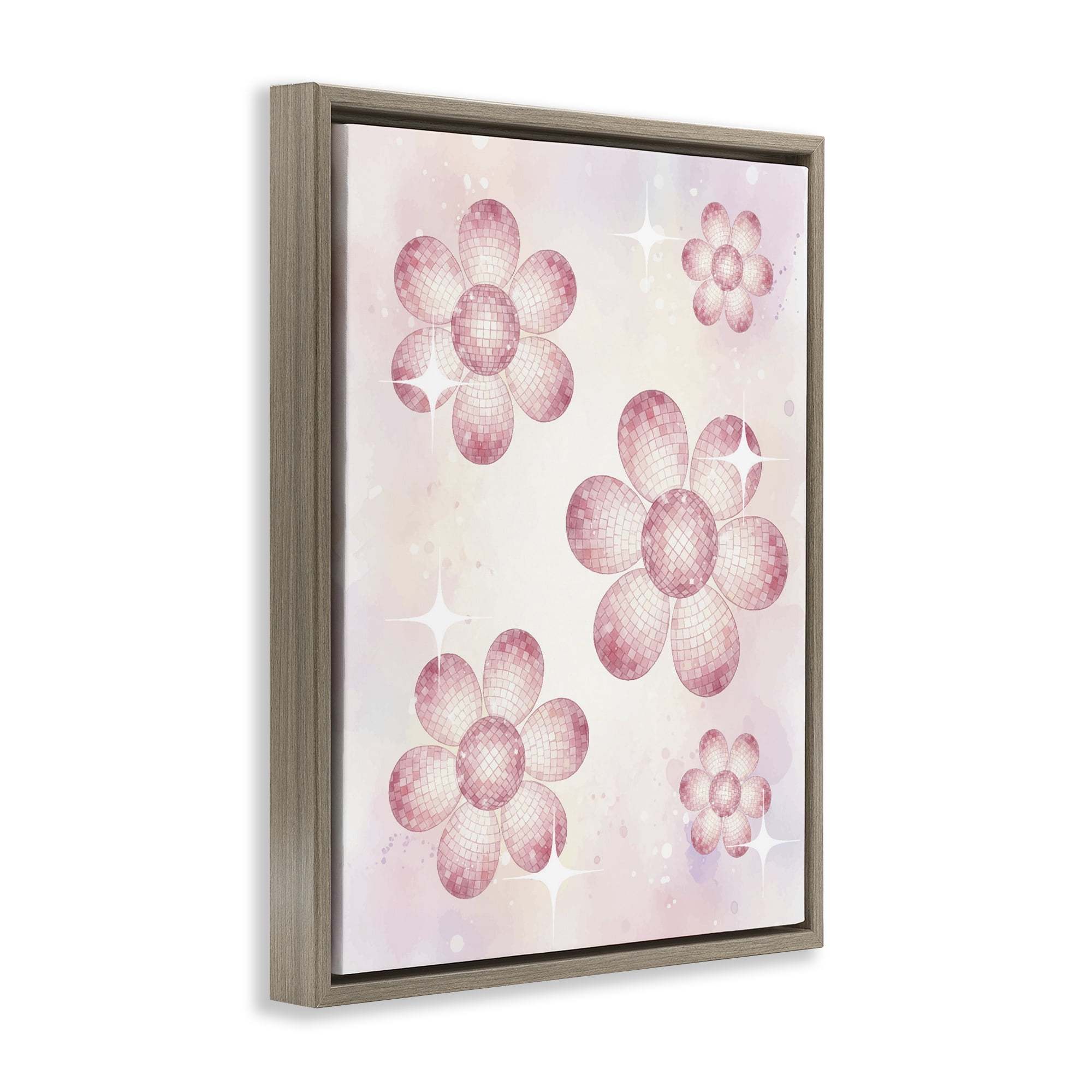 Stupell Industries Disco Ball Floral Patterns Brown Framed Floater Canvas Wall Art, design by Lil' Rue