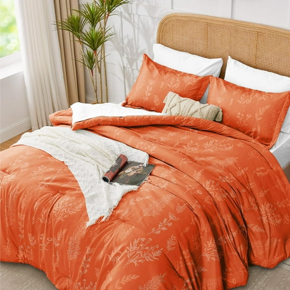Floral Comforter Set Queen Burnt Orange, Cute Flower Bed in a Bag Queen Boho 7 Pieces, Soft Fluffy Bedding Sets with Comforter, Sheets, Pillowcases & Shams, All Season
