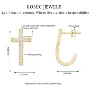 Rosec Jewels Lab Diamond Cross Earrings - Vintage Inspired J Hoop Earrings with Screw Back - EF-VS Grade, 14K Yellow Gold