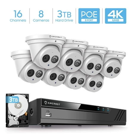 Amcrest 4K Security Camera System w/ 4K 16CH (8-Port PoE) NVR, (8) x 4K (8-Megapixel) Metal Turret Dome POE IP Cameras (3840x2160), Pre-Installed 3TB HDD, NV4116E-IP8M-T2499EW8-3TB