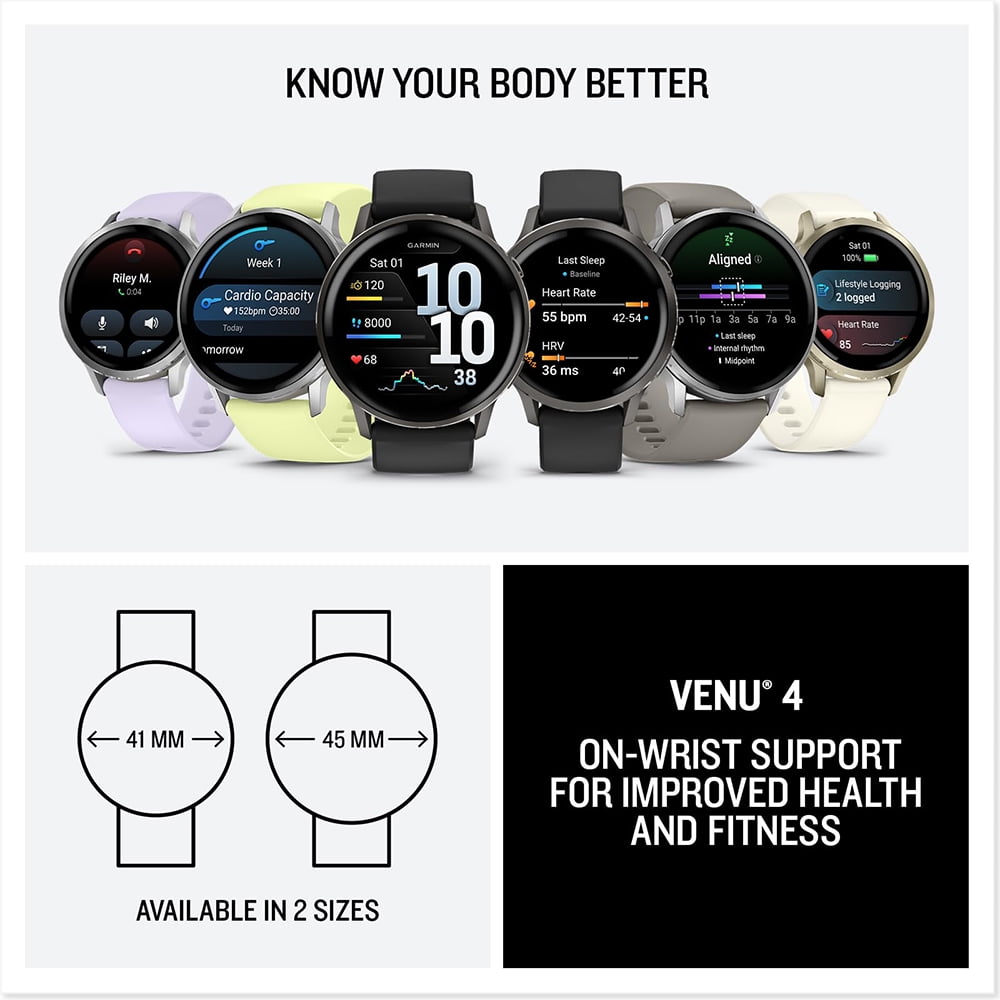Garmin 010-03013-00 Venu 4, 41mm Health & Fitness GPS Smartwatch, Lunar Gold with Bone Silicone Band Bundle with 2 YR CPS Extended Warranty