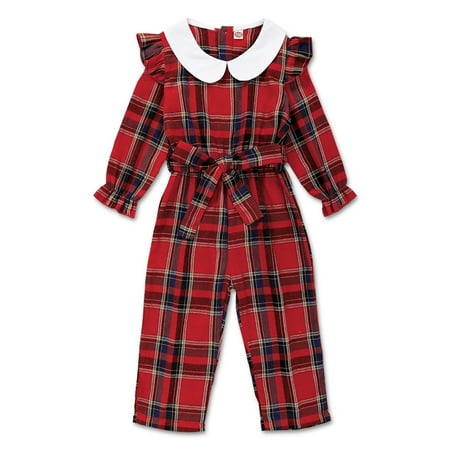 

OLLUISNEO 4-5 Years Toddler Baby Girls Jumpsuit Long Sleeves Crew Neck White Doll Collar Romper With A Belt