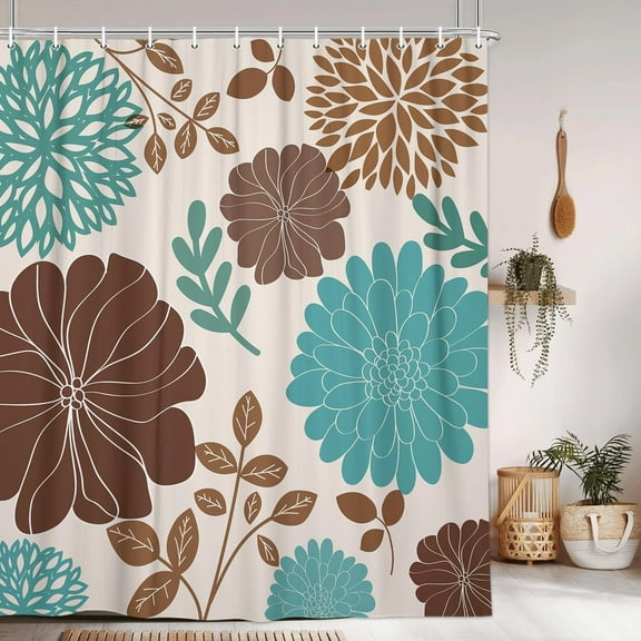 Boho Teal and Brown Floral Shower Curtain, Turquoise and Tan Flower Shower Curtain for Bathroom, Aqua Blue Bohemia Art Aesthetics Bathroom Decor Shower Curtain Set with 12 Hooks, 72X72in