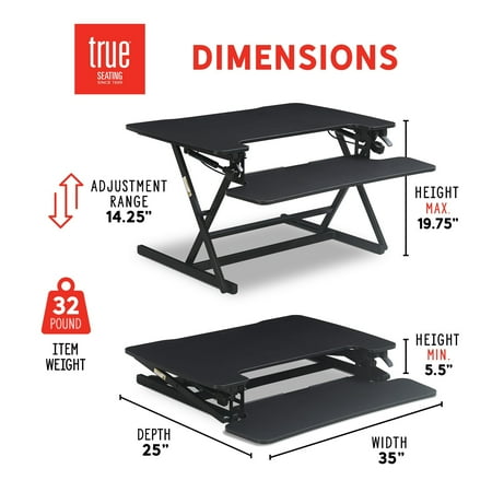 True Seating - Ergo Height Adjustable Standing Desk Converter, Large - Black