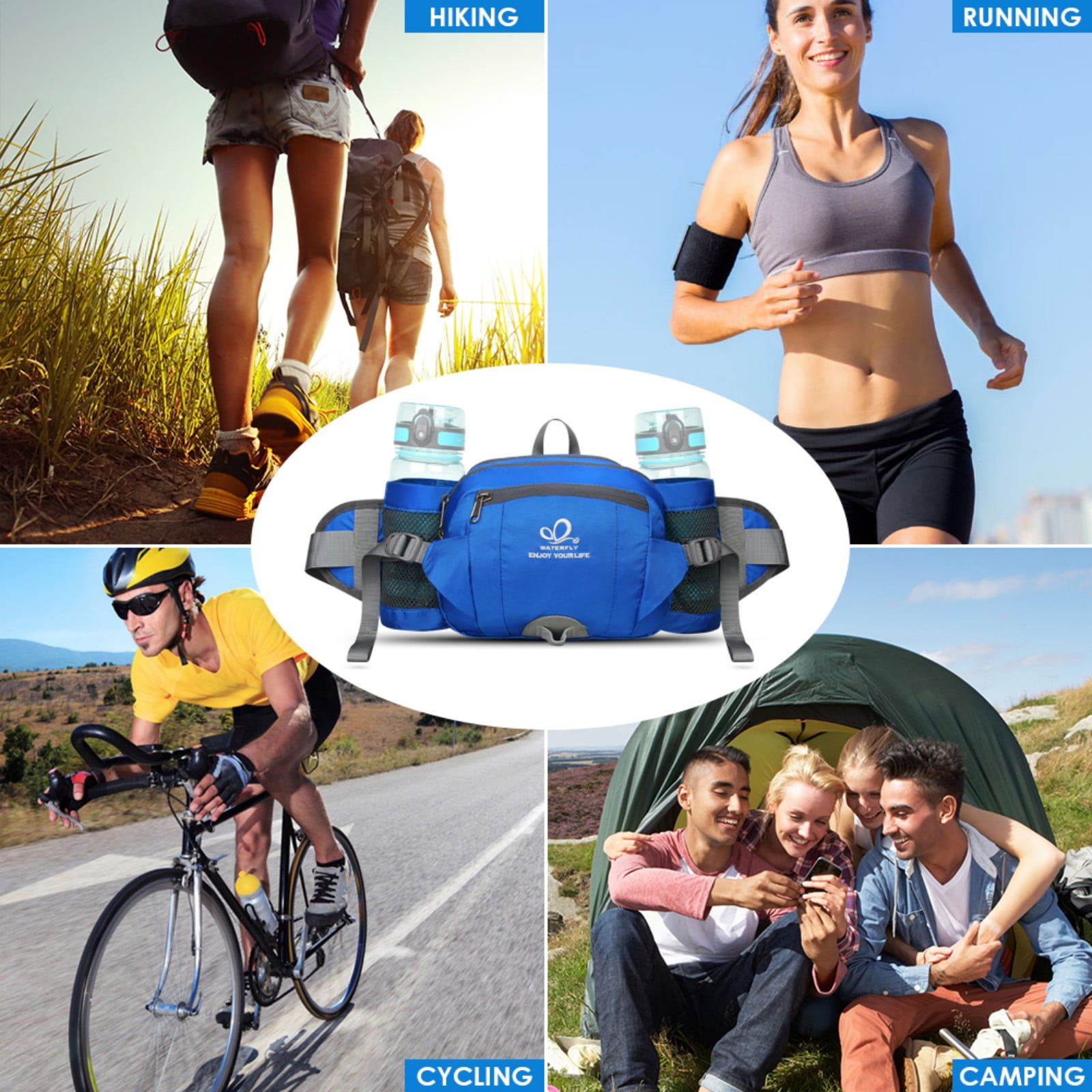 WATERFLY Unisex Large Capacity Hiking with Bottle Holder Nylon Fanny Pack Waist Bag,Blue