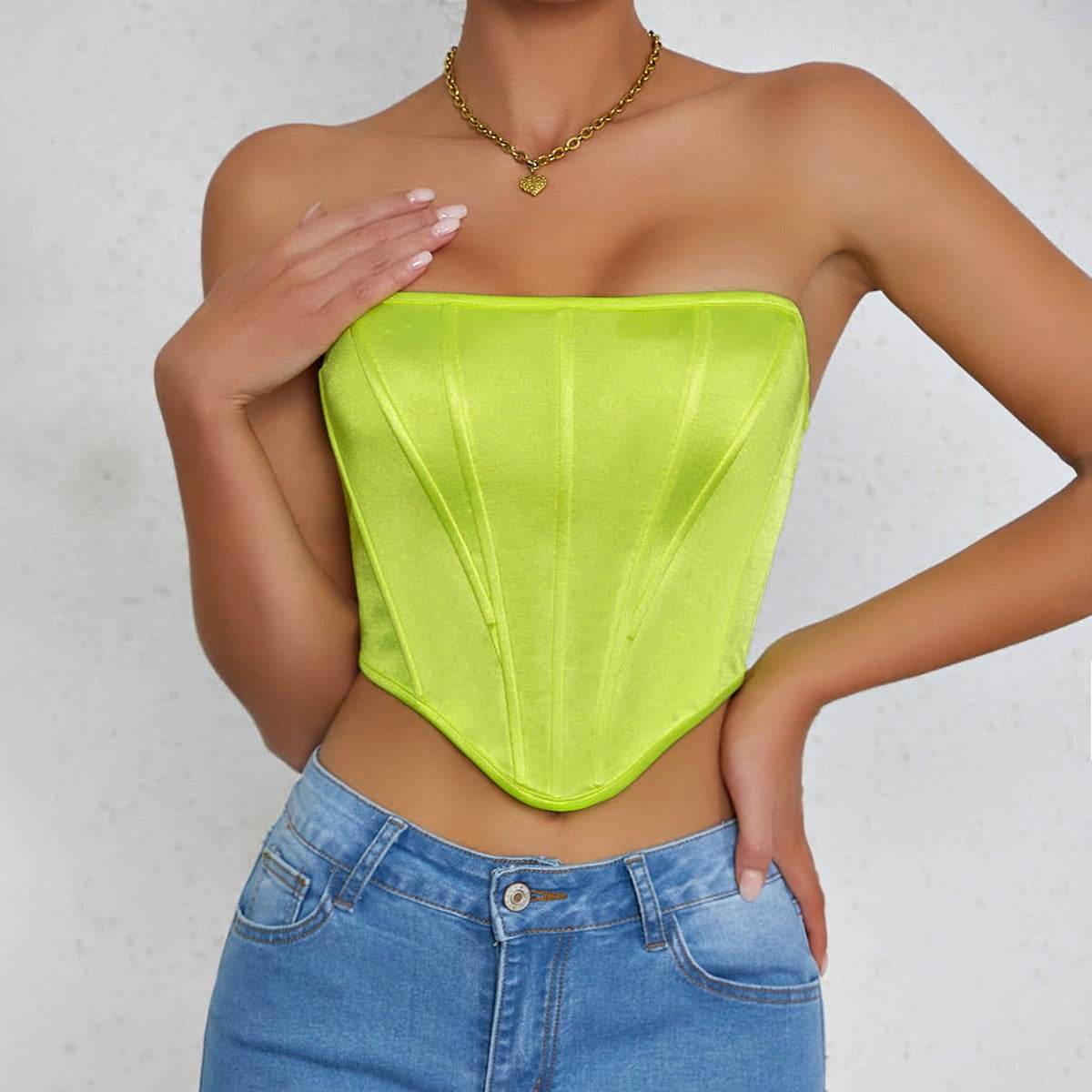 TatbUL Corset Top,Femmes Mode Brillant Corset Tube Top Kaki Sexy Dos Nu Sans Bretelles Crop Top Overbust Push Up Corset Bustier Body Shaper Wiast Cincher Boned Corsage Club Party,XS