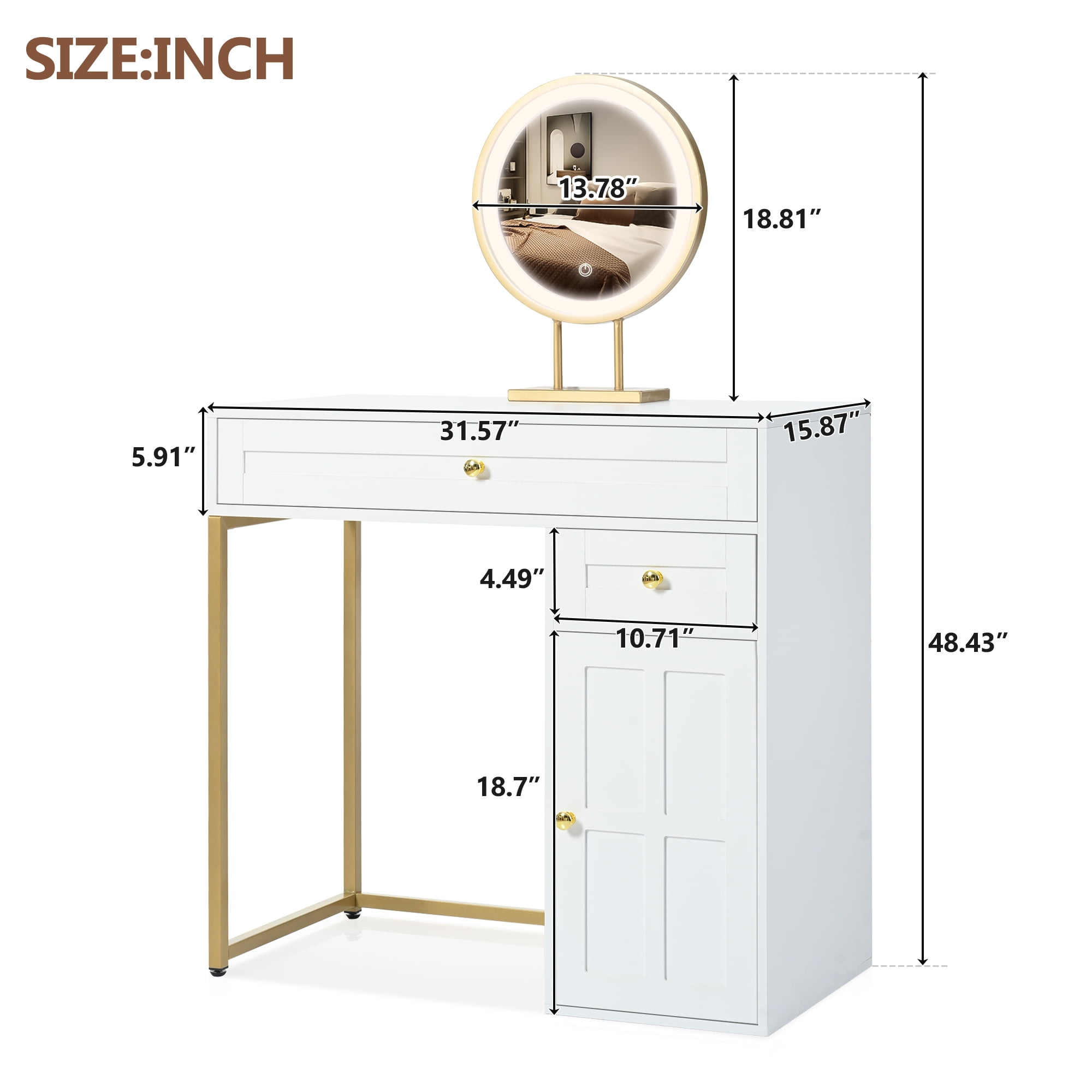 Makeup Vanity Desk with Lighted Mirror, Luxury Dressing Table with 2 Drawers and 1 Cabinet