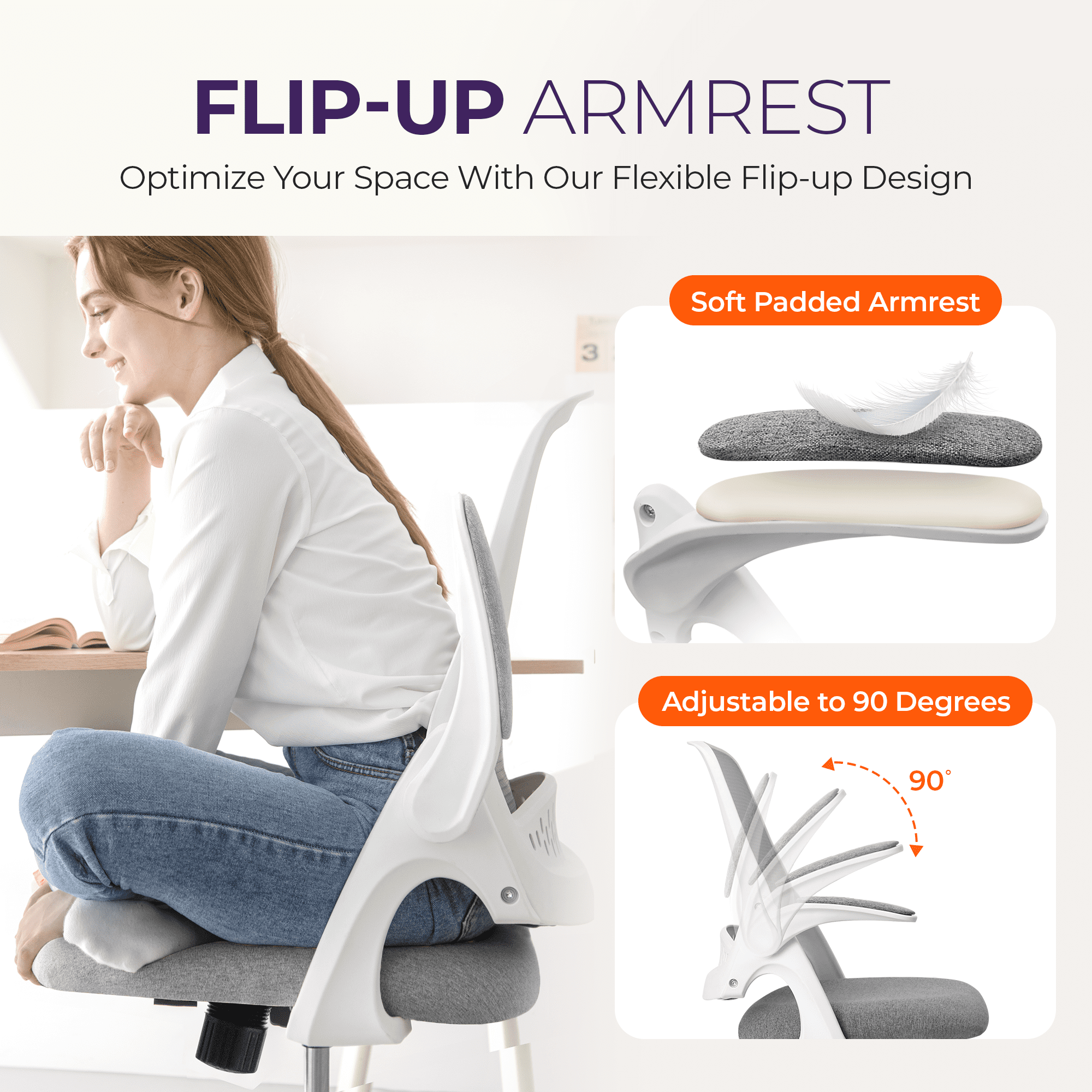 NEO CHAIR Office Chair, Flip-up Padded Armrests Desk Chair, Ergonomic Back Support, Gray