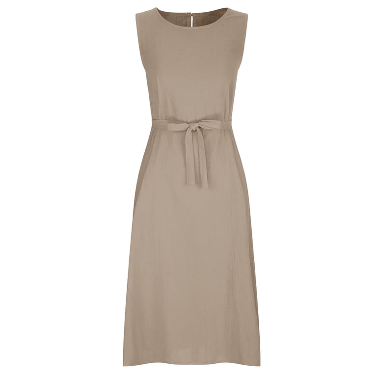 Womens Cotton Linen Tank Sundress Tunic Solid Color Sleeveless Maxi Dress  Crewneck Bow Tie Front Keyhole Back Dresses - Walmart.com