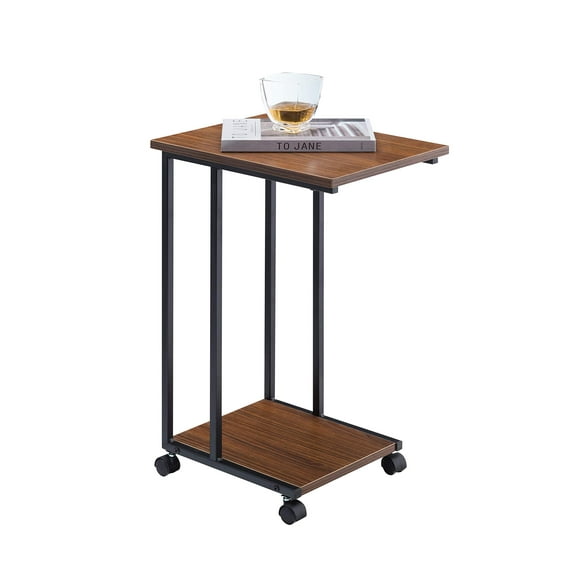 JJS Side End C Table for Sofa, Living Room Couch Table Snack Table That Slide Under for Small Spaces, Walnut